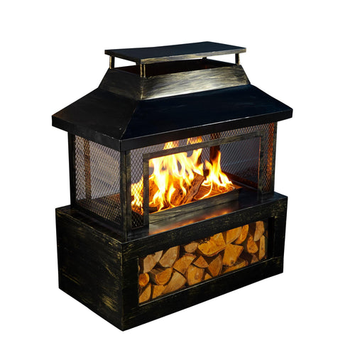 Neo black steel outdoor fire pit log burner with mesh guard and storage cover
