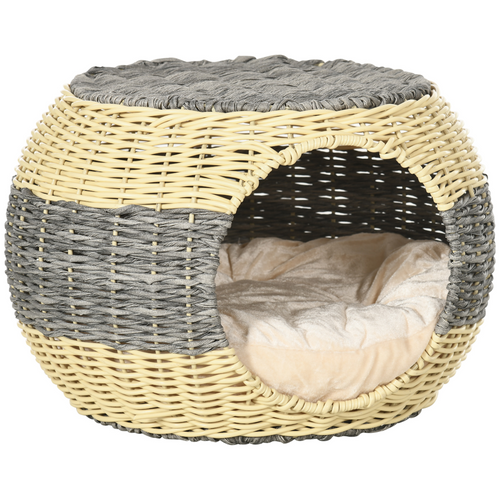 PawHut Wicker Cat House - Rattan Raised Cat Bed with Soft Cushion 40x30cm