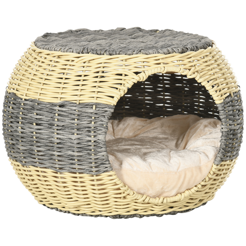 PawHut Wicker Cat House - Rattan Raised Cat Bed with Soft Cushion 40x30cm