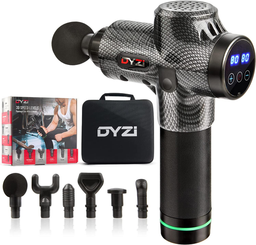 Dyzi percussion massage gun for deep tissue muscle relief with 6 attachment heads