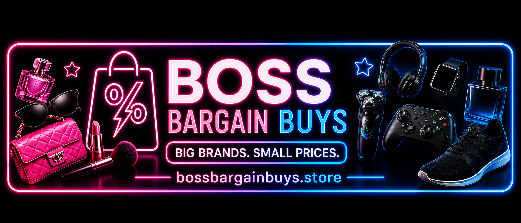 Neon sign for 'Boss Bargain Buys' with various products and store URL.