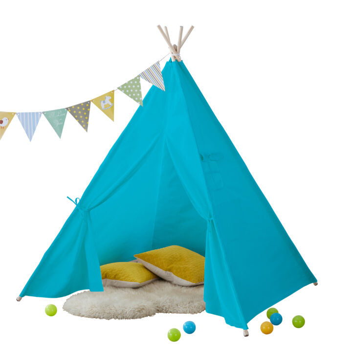 Neo blue canvas kids Indian teepee play tent with bunting and storage pouch