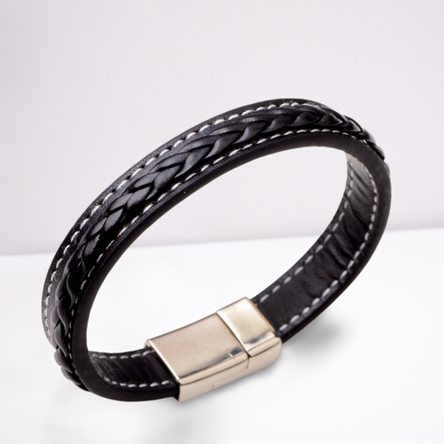 Men's faux black leather bracelet with silver magnetic clasp - minimalist wristband