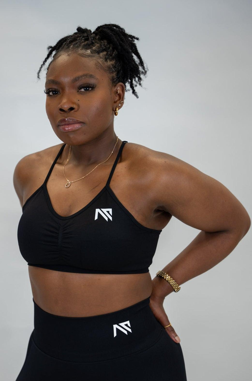 Animus Scrunched seamless sports bra in black with adjustable straps