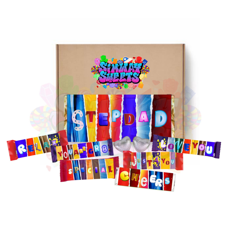 Father's Day novelty chocolate gift box with Stepdad themed wrappers