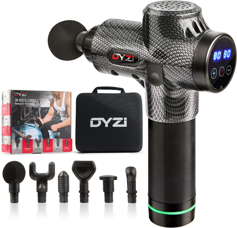 Dyzi percussion massage gun for deep tissue muscle relief with 6 attachment heads