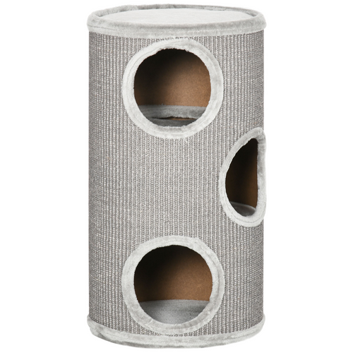 Cat Barrel Kitten Tree Tower with Sisal & Plush Platform - Light Grey
