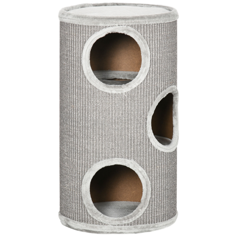 Cat Barrel Kitten Tree Tower with Sisal & Plush Platform - Light Grey